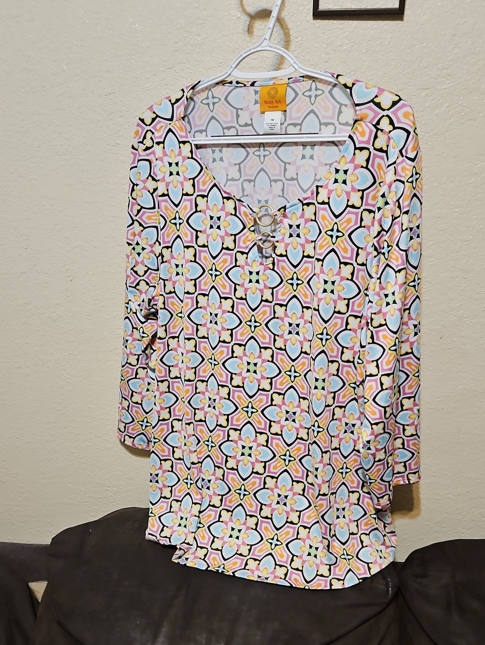 Ruby Rd. Pink Multi Floral Geometric Lace-Up Tunic